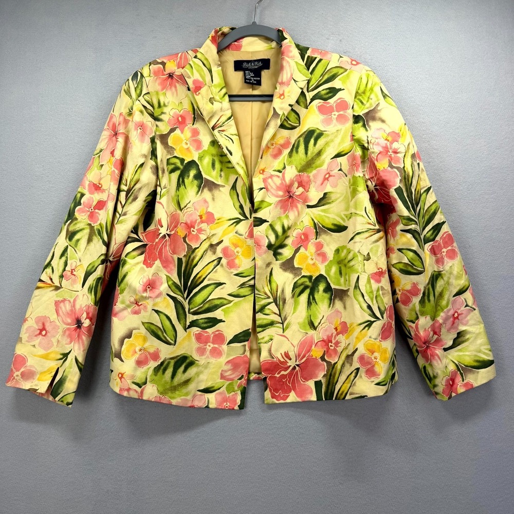 Vintage Peck & Peck Blazer Jacket Womens XL Yellow Floral Silk Blend Open Front
